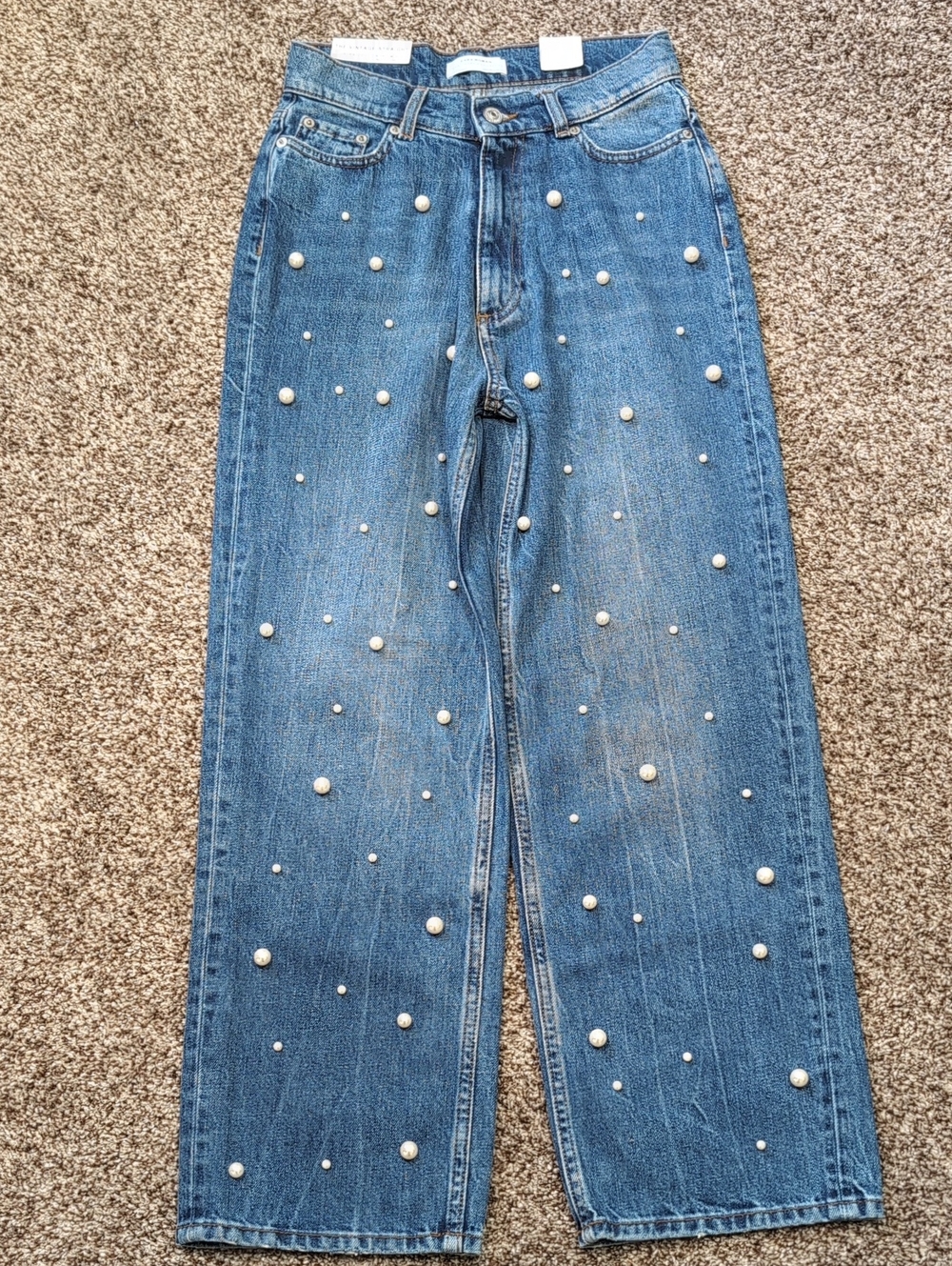 Zara Vintage Straight Crop Mid Rise With Pearls Size 2 NEW